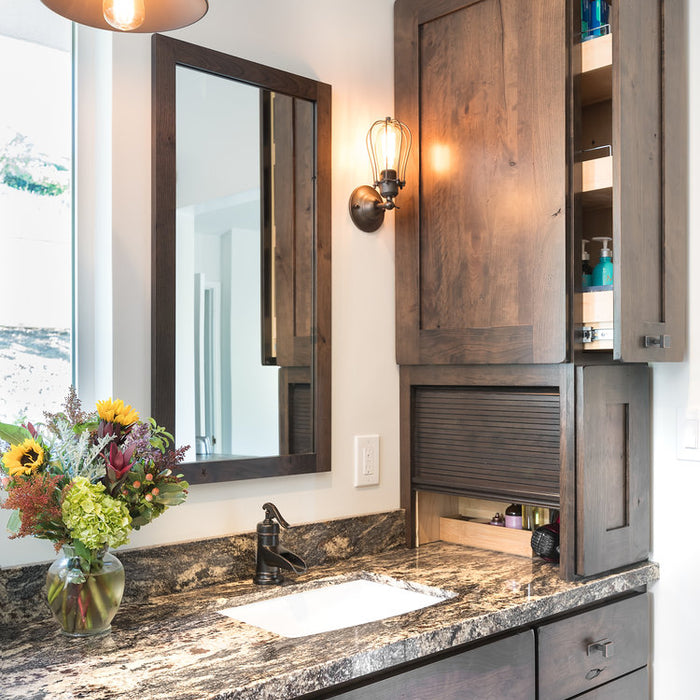 Concord California Bathroom Remodel by Interior Designer Jackie Lopey, Rustic Style, Custom Bathroom Storage Solution with Pull out on on front and roll up appliance garage on right, Crystal Cabinet Works